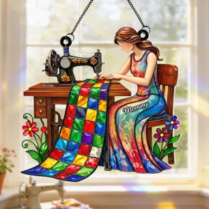 Mom Grandma Sewing Colorful Quilt - Personalized Suncatcher - Gift For Mom, Grandma