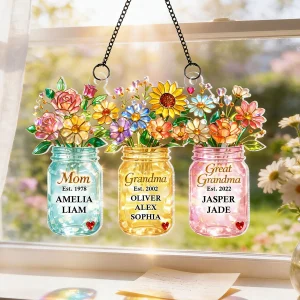 Mom Grandma Greatgrandma Flower - Personalized Suncatcher - Heartfelt Gift For Mom, Grandma